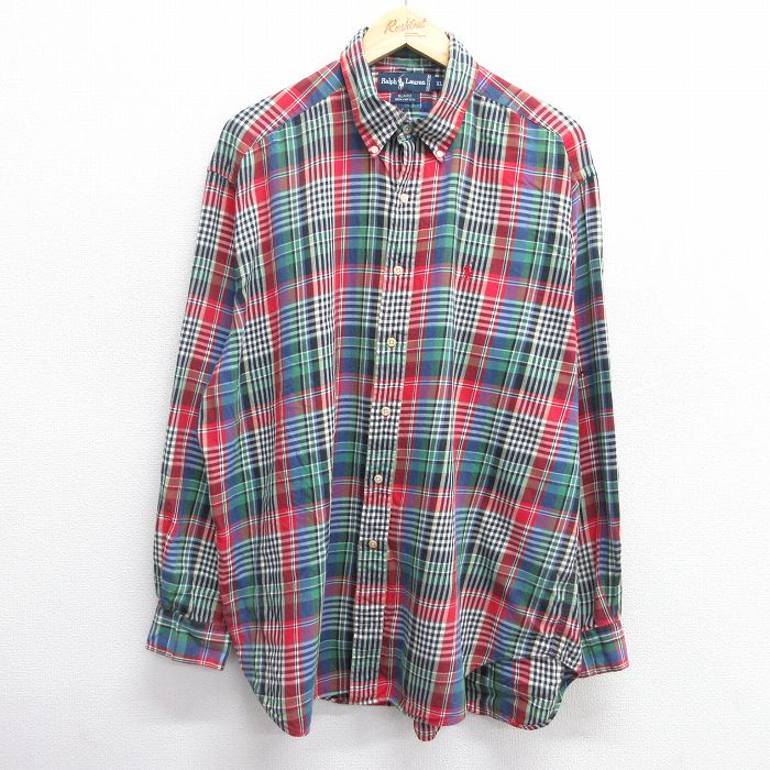 XL★古着 ラルフローレン Ralph Lauren 長袖 ブランド シャツ メンズ 90年代 90s ワンポイントロゴ BLAIRE 大きいサイズ コットン ボタンダウン 赤他 レッド チェック 25jan30 中古 トップス
