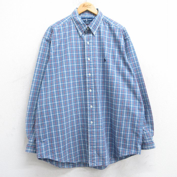 XL★古着 ラルフローレン Ralph Lauren 長袖 ブランド シャツ メンズ 90年代 90s ワンポイントロゴ BLAKE 大きいサイズ ロング丈 コットン ボタンダウン 薄紺他 ネイビー チェック 25feb07 中古 トップス