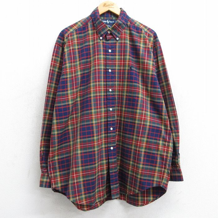 XL★古着 ラルフローレン Ralph Lauren 長袖 ブランド シャツ メンズ 90年代 90s ワンポイントロゴ BLAKE 大きいサイズ ロング丈 コットン ボタンダウン 紺他 ネイビー チェック 25feb07 中古 トップス