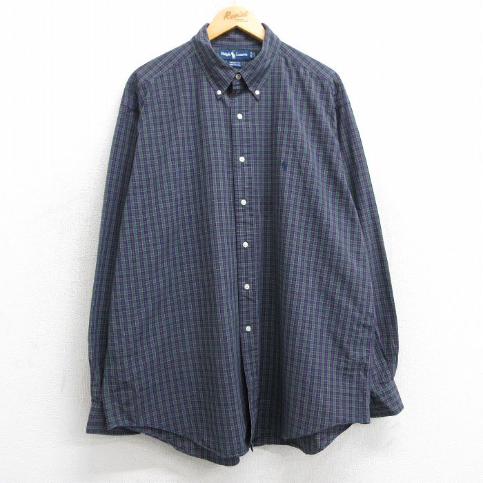 XL★古着 ラルフローレン Ralph Lauren 長袖 ブランド シャツ メンズ 90年代 90s ワンポイントロゴ YAMOUTH 大きいサイズ ロング丈 コットン ボタンダウン 緑他 グリーン チェック 25feb07 中古 トップス