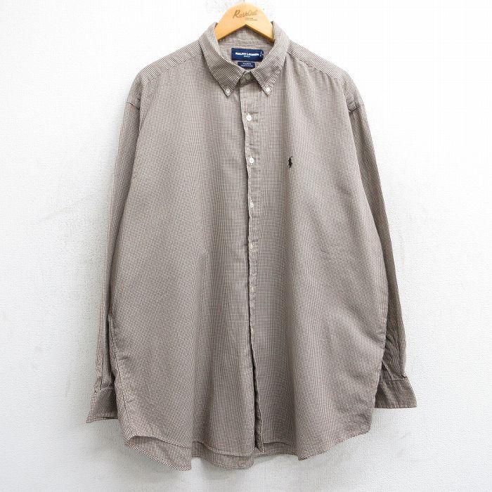 XL★古着 ラルフローレン Ralph Lauren ゴルフ 長袖 ブランド シャツ メンズ 90年代 90s ワンポイントロゴ TILDEN 大きいサイズ ロング丈 コットン ボタンダウン 茶他 ブラウン チェック 25feb07 中古 トップス