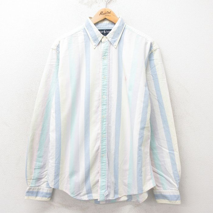XL★古着 ラルフローレン Ralph Lauren 長袖 ブランド シャツ メンズ 90年代 90s ワンポイントロゴ コットン ボタンダウン USA製 白他 ホワイト ストライプ 25feb10 中古 トップス
