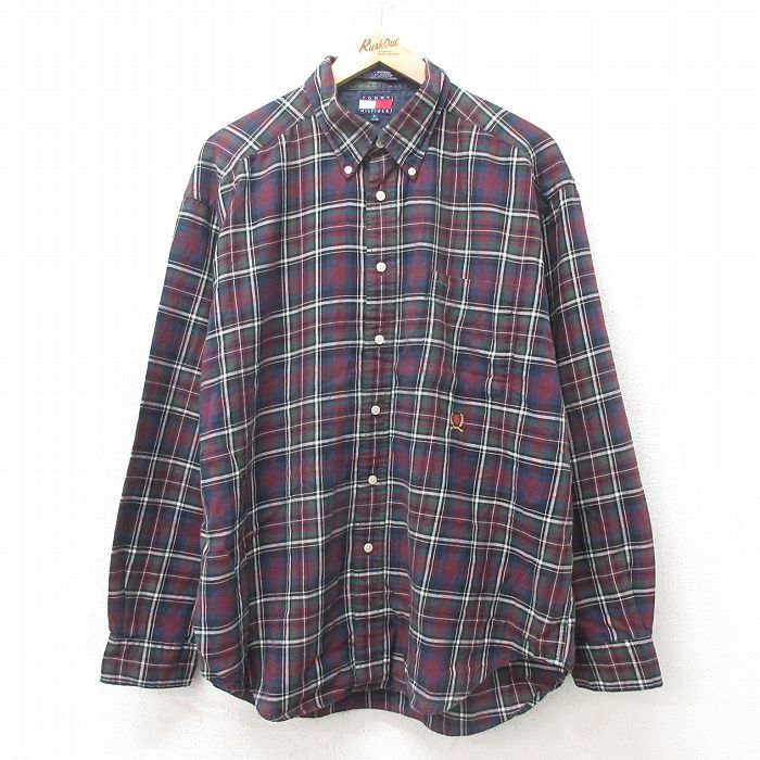 【50%OFF】XL★古着 トミーヒルフィガー TOMMY HILFIGER 長袖 ブランド シャツ メンズ 90年代 90s ワンポイントロゴ 大きいサイズ コットン ボタンダウン 紺他 ネイビー チェック 25feb10 中古 トップス