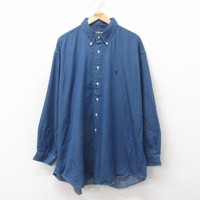 XL★古着 ラルフローレン Ralph Lauren 長袖 ブランド シャツ メンズ 90年代 90s ワンポイントロゴ BLAIRE 大きいサイズ ロング丈 コットン ボタンダウン 紺 ネイビー 25feb10 中古 トップス