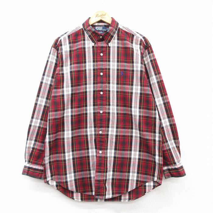 XL★古着 ラルフローレン Ralph Lauren 長袖 ブランド シャツ メンズ 90年代 90s ワンポイントロゴ BLAIRE 大きいサイズ ロング丈 コットン ボタンダウン 赤他 レッド チェック 25feb15 中古 トップス