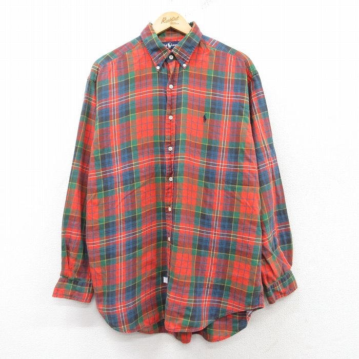 XL★古着 ラルフローレン Ralph Lauren 長袖 ブランド シャツ メンズ 90年代 90s ワンポイントロゴ 大きいサイズ コットン ボタンダウン オレンジ他 チェック 25feb15 中古 トップス