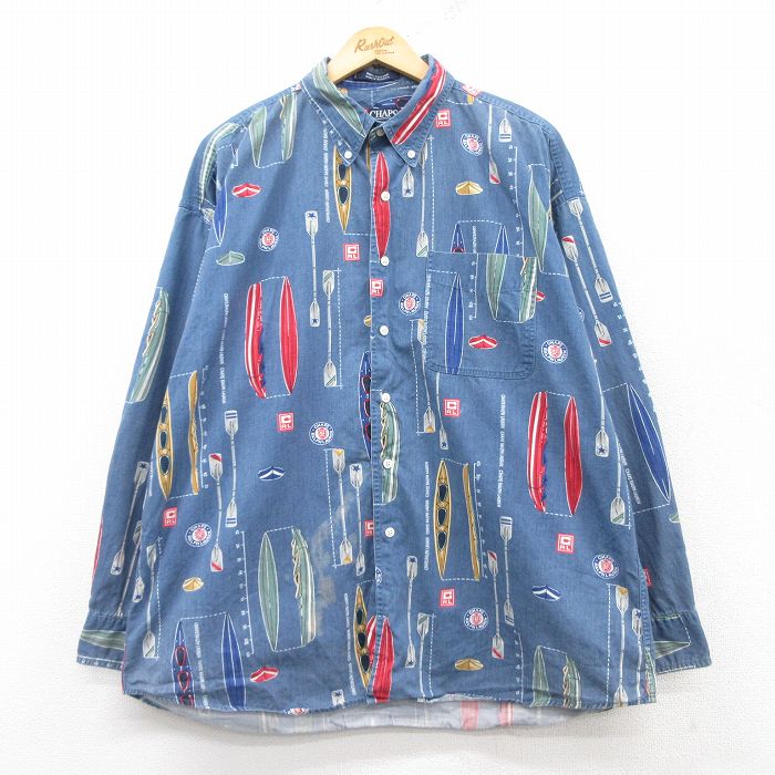 XL★古着 ラルフローレン Ralph Lauren チャップス 長袖 ブランド シャツ メンズ 90年代 90s カヌー 大きいサイズ コットン ボタンダウン 薄紺他 ネイビー 25feb15 中古 トップス