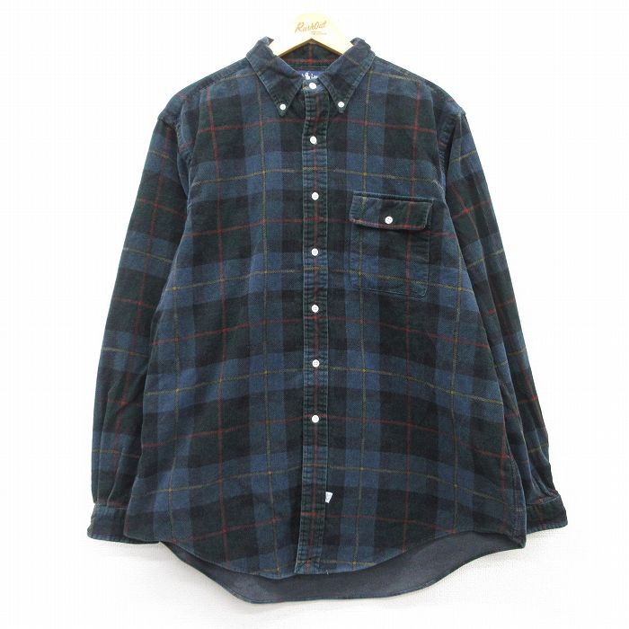 XL★古着 ラルフローレン Ralph Lauren 長袖 ブランド シャツ メンズ 90年代 90s コーデュロイ 大きいサイズ コットン ボタンダウン 紺他 ネイビー チェック 25feb15 中古 トップス