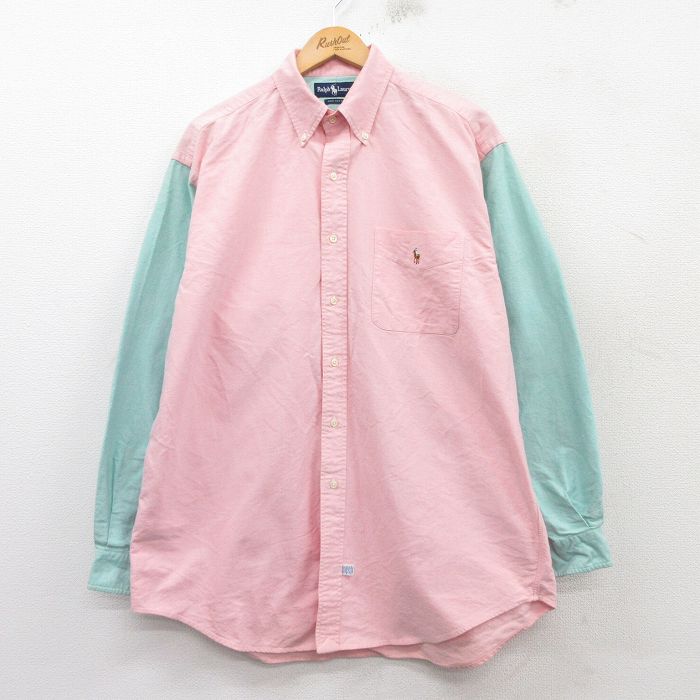 XL★古着 ラルフローレン Ralph Lauren 長袖 ブランド シャツ メンズ 90年代 90s ワンポイントロゴ オックスフォード ツートンカラー 大きいサイズ ロング丈 コットン ボタンダウン ピンク他 【spe】 25feb15 中古 トップス