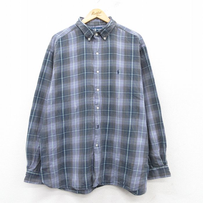 XL★古着 ラルフローレン Ralph Lauren 長袖 ブランド シャツ メンズ 90年代 90s ワンポイントロゴ MCMEEL 大きいサイズ ロング丈 コットン ボタンダウン 紺他 ネイビー チェック 25feb15 中古 トップス
