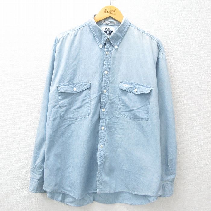 XL★古着 ドッカーズ 長袖 ブランド シャツ メンズ 90年代 90s ワンポイントロゴ コットン ボタンダウン 薄紺 ネイビー 25feb17 中古 トップス