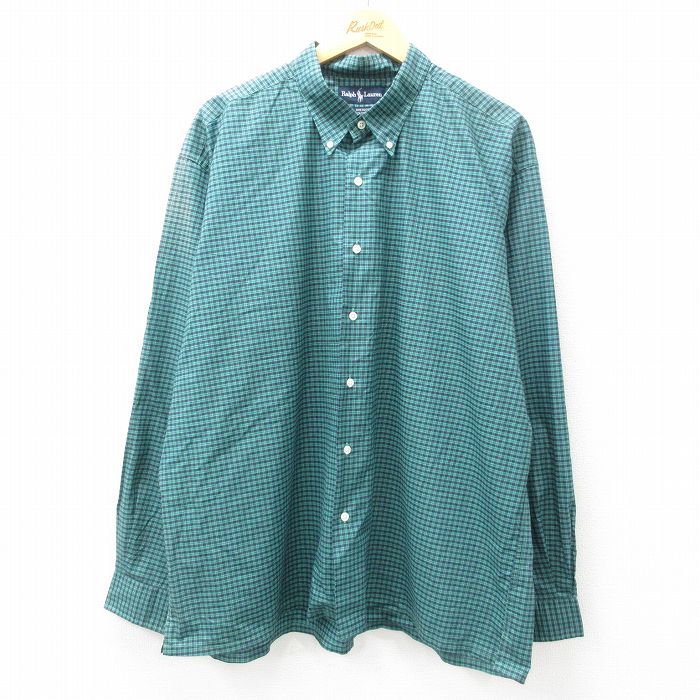 【50%OFF】XL★古着 ラルフローレン Ralph Lauren 長袖 ブランド シャツ メンズ 90年代 90s GREGGOR 大きいサイズ コットン ボタンダウン 緑 グリーン チェック 25feb17 中古 トップス