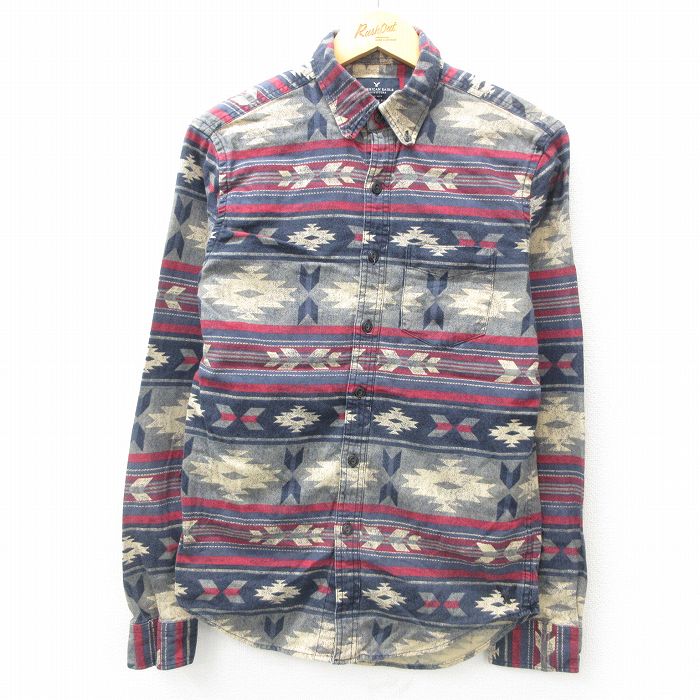 【50%OFF】S★古着 アメリカンイーグル American Eagle 長袖 ブランド シャツ メンズ ネイティブ柄 ラグ柄 コットン ボタンダウン 赤他 レッド 25feb17 中古 トップス