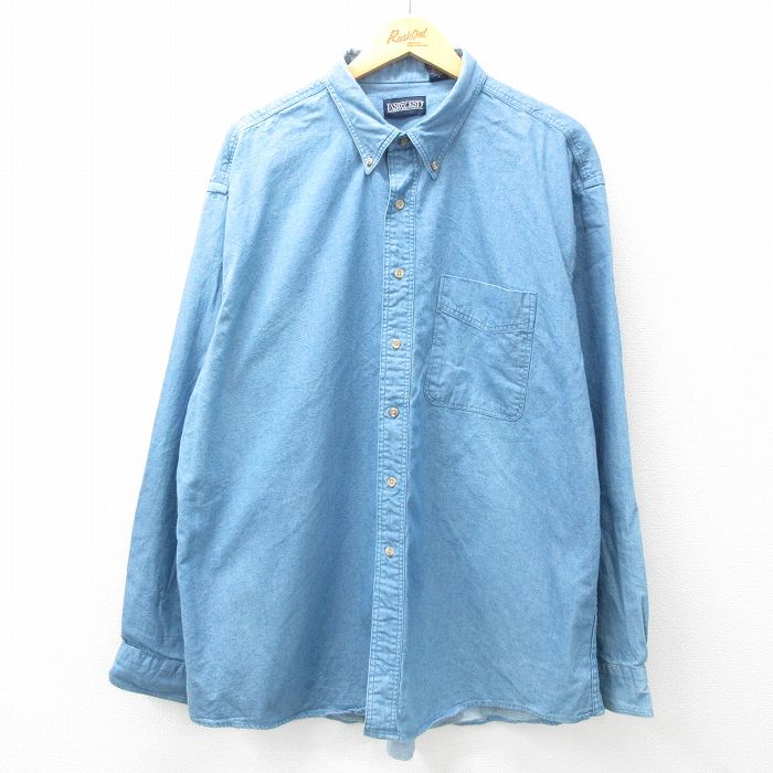 XL★古着 ランズエンド 長袖 ブランド シャツ メンズ 90年代 90s 大きいサイズ ロング丈 コットン ボタンダウン USA製 薄紺 ネイビー デニム 【spe】 25feb17 中古 トップス