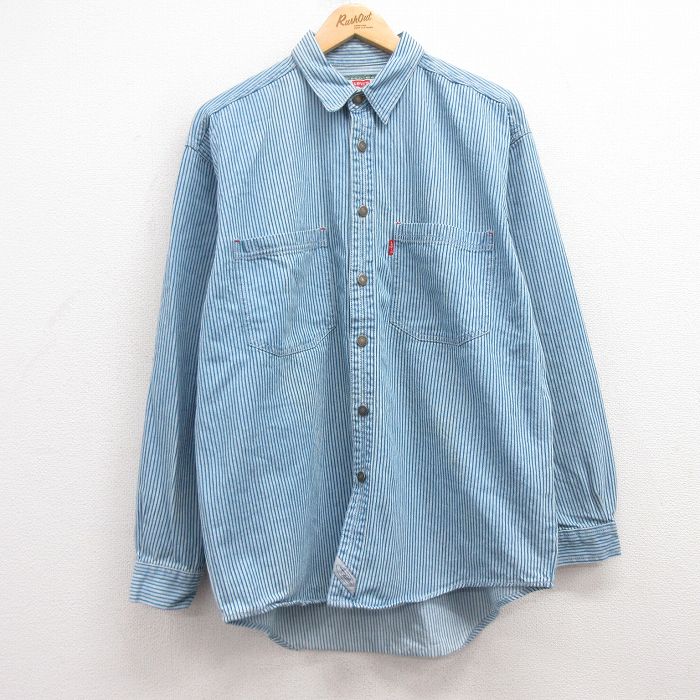L★古着 リーバイス Levis 長袖 ブランド シャツ メンズ 00年代 00s コットン 薄紺 ネイビー ストライプ デニム 25feb18 中古 トップス