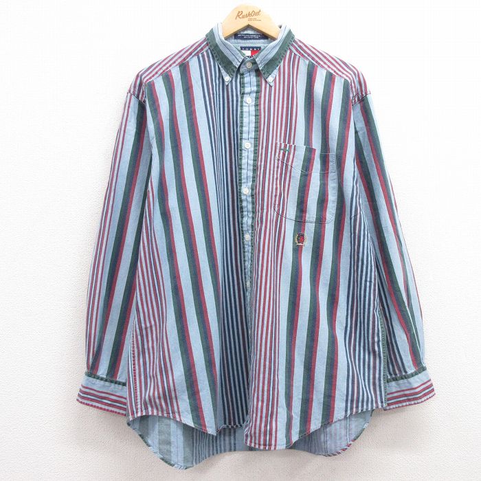 XL★古着 トミーヒルフィガー TOMMY HILFIGER 長袖 ブランド シャツ メンズ 90年代 90s ワンポイントロゴ コットン ボタンダウン 薄紺他 ネイビー ストライプ 25feb18 中古 トップス