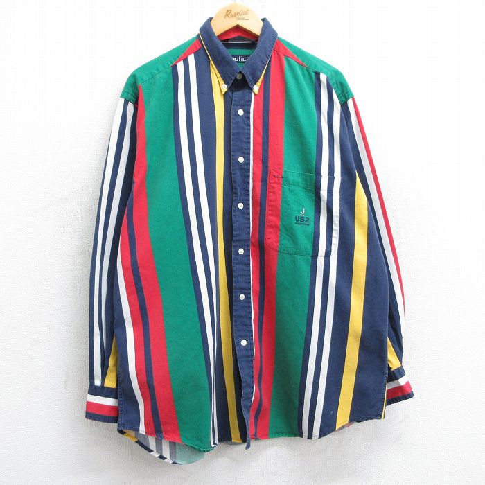 【20%OFF】XL★古着 ノーティカ NAUTICA 長袖 ブランド シャツ メンズ 90年代 90s ワンポイントロゴ コットン ボタンダウン 緑他 グリーン ストライプ 25feb18 中古 トップス