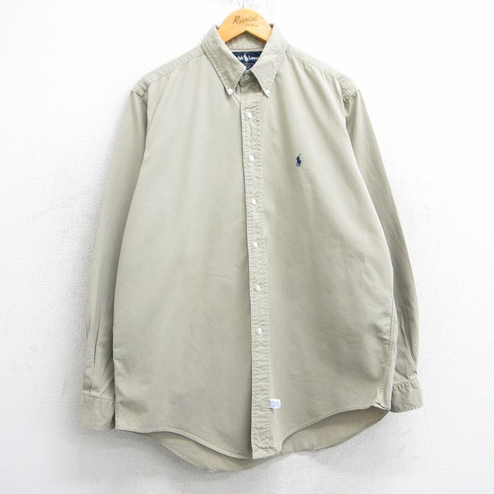 XL★古着 ラルフローレン Ralph Lauren 長袖 ブランド シャツ メンズ 90年代 90s ワンポイントロゴ コットン ボタンダウン USA製 ベージュ カーキ 【spe】 25feb18 中古 トップス