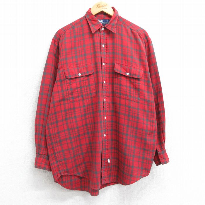 XL★古着 ラルフローレン Ralph Lauren 長袖 ブランド シャツ メンズ 90年代 90s ロング丈 コットン 赤他 レッド チェック 25feb18 中古 トップス