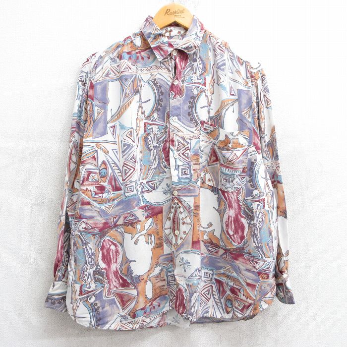 XL★古着 ゲス GUESS 長袖 ブランド シャツ メンズ 90年代 90s　総柄 レーヨン USA製 白他 ホワイト 25feb18 中古 トップス