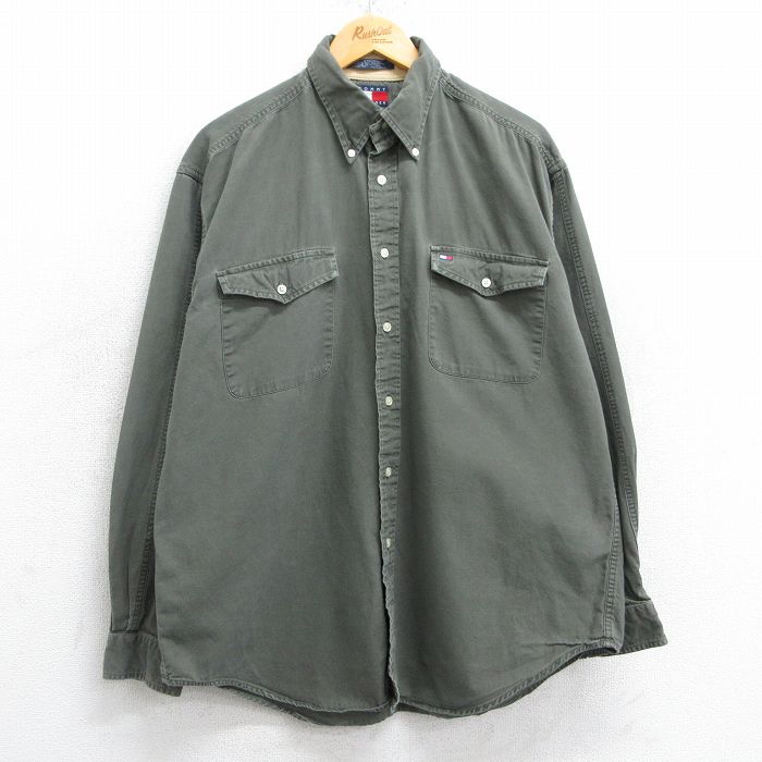 XL★古着 トミーヒルフィガー TOMMY HILFIGER 長袖 ブランド シャツ メンズ 90年代 90s ワンポイントロゴ コットン ボタンダウン 濃緑 グリーン 25feb18 中古 トップス