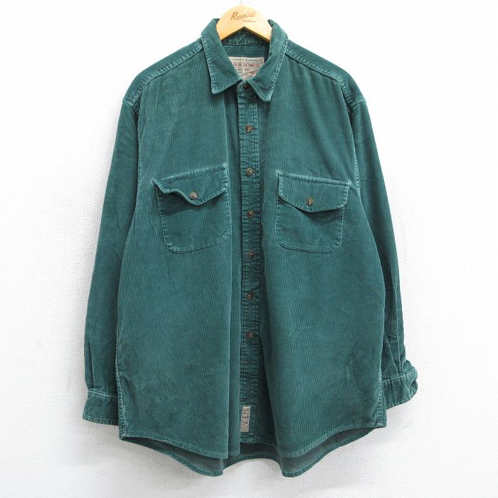 XL★古着 アバクロンビー Abercrombie&fitch 長袖 ブランド シャツ メンズ 90年代 90s コーデュロイ 太畝 大きいサイズ ロング丈 USA製 緑 グリーン 25feb18 中古 トップス