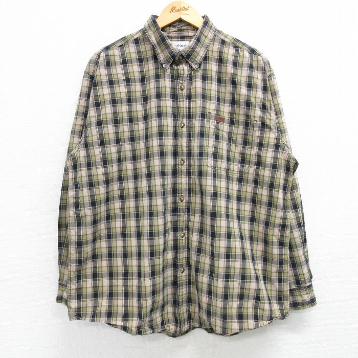 XL★古着 カーハート Carhartt 長袖 ブランド シャツ メンズ コットン ボタンダウン ベージュ他 カーキ チェック 25feb19 中古 トップス
