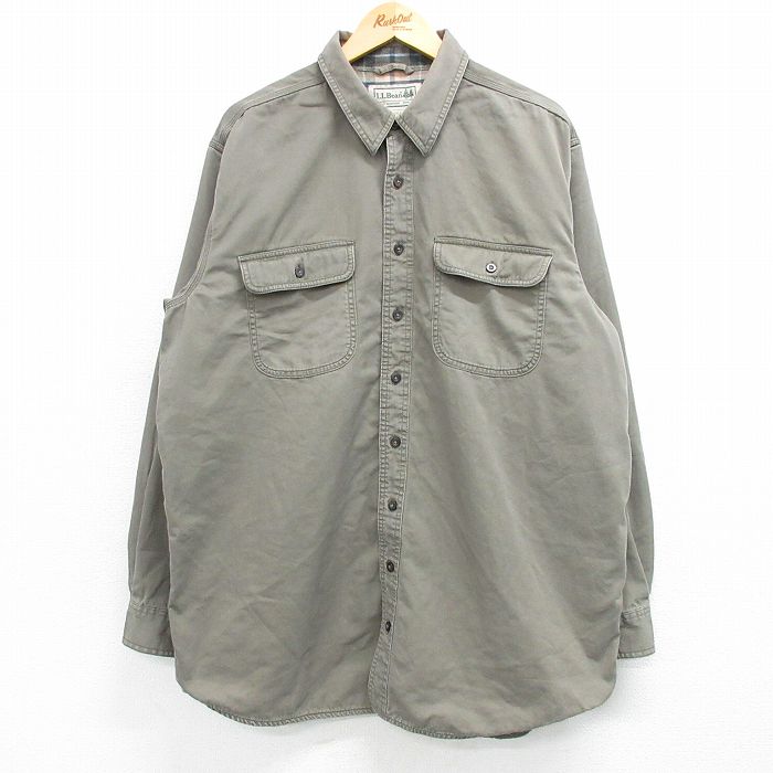 XL★古着 エルエルビーン LLBEAN 長袖 ブランド シャツ メンズ 00年代 00s 大きいサイズ ロング丈 コットン 薄緑系 グリーン 内側フランネル 25feb19 中古 トップス