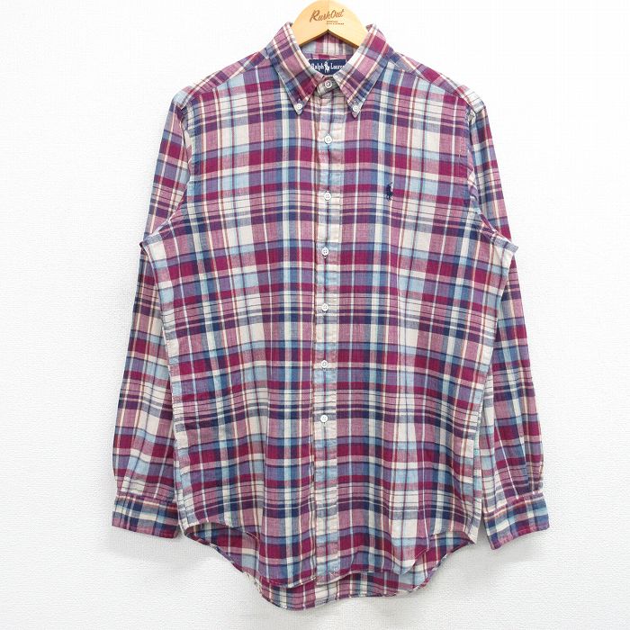 M★古着 ラルフローレン Ralph Lauren 長袖 ブランド シャツ メンズ 90年代 90s ワンポイントロゴ コットン ボタンダウン 紫他 パープル チェック 25feb19 中古 トップス