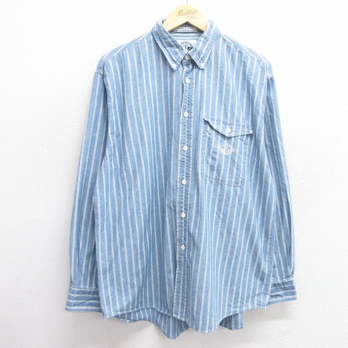 XL★古着 ドッカーズ 長袖 ブランド シャツ メンズ 90年代 90s ワンポイントロゴ コットン ボタンダウン 薄紺他 ネイビー ストライプ 25feb20 中古 トップス