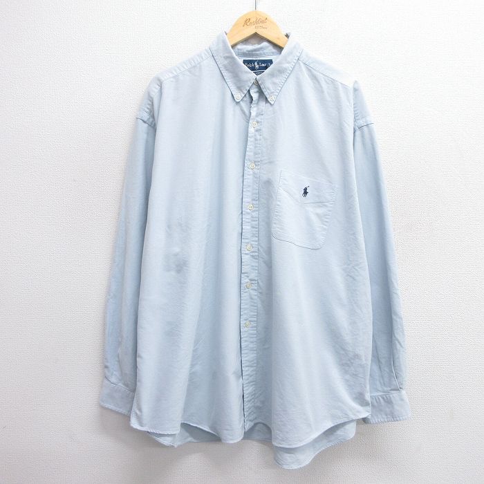 XL★古着 ラルフローレン Ralph Lauren 長袖 ブランド シャツ メンズ 90年代 90s BIG SHIRT ワンポイントロゴ オックスフォード 大きいサイズ ロング丈 コットン ボタンダウン 薄紺 ネイビー 25feb20 中古 トップス