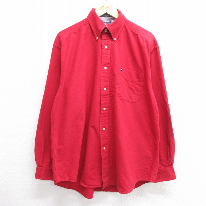 XL★古着 トミーヒルフィガー TOMMY HILFIGER 長袖 ブランド シャツ メンズ 90年代 90s ワンポイントロゴ ロング丈 コットン ボタンダウン 赤 レッド 25feb20 中古 トップス