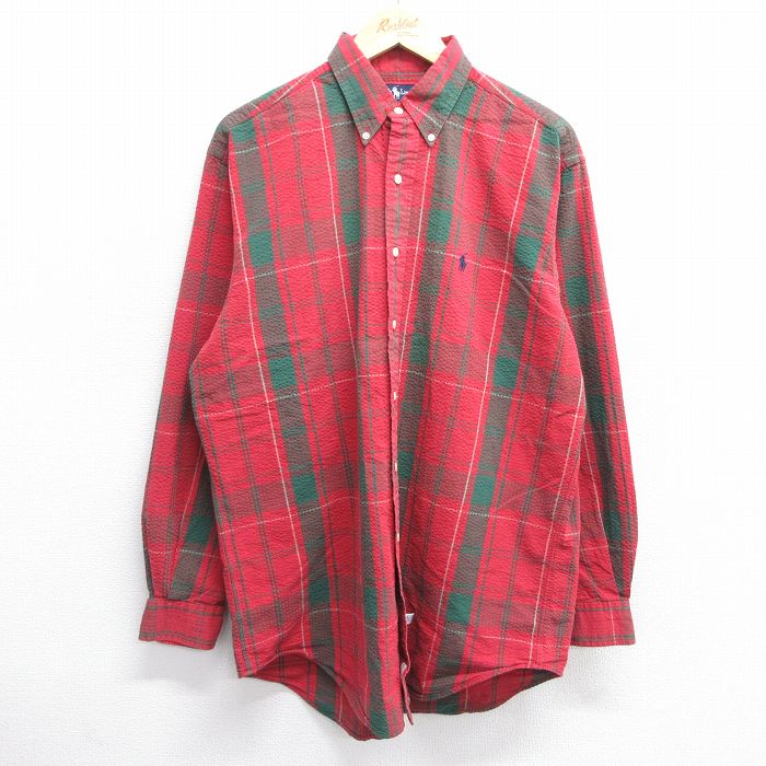 【20%OFF】XL★古着 ラルフローレン Ralph Lauren 長袖 ブランド シャツ メンズ 90年代 90s ワンポイントロゴ シアサッカー ロング丈 コットン ボタンダウン 赤他 レッド チェック 【spe】 25feb20 中古 トップス