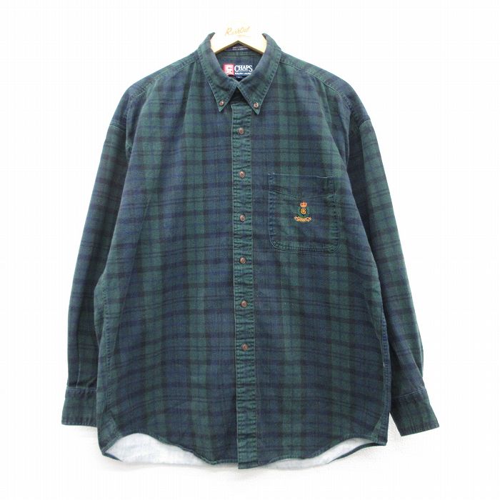 XL★古着 ラルフローレン Ralph Lauren チャップス 長袖 ブランド シャツ メンズ 90年代 90s ワンポイントロゴ 大きいサイズ コットン ボタンダウン 濃緑他 グリーン チェック 25feb20 中古 トップス