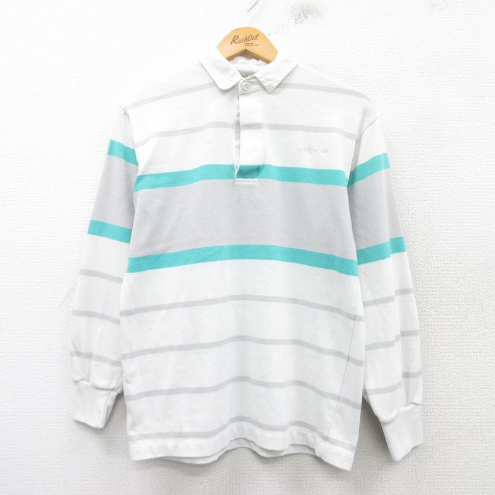 M★古着 アディダス adidas 長袖 ブランド ラガー シャツ メンズ 90年代 90s ワンポイントロゴ リーフ トレフォイル 白他 ホワイト ボーダー 25feb20 中古 トップス
