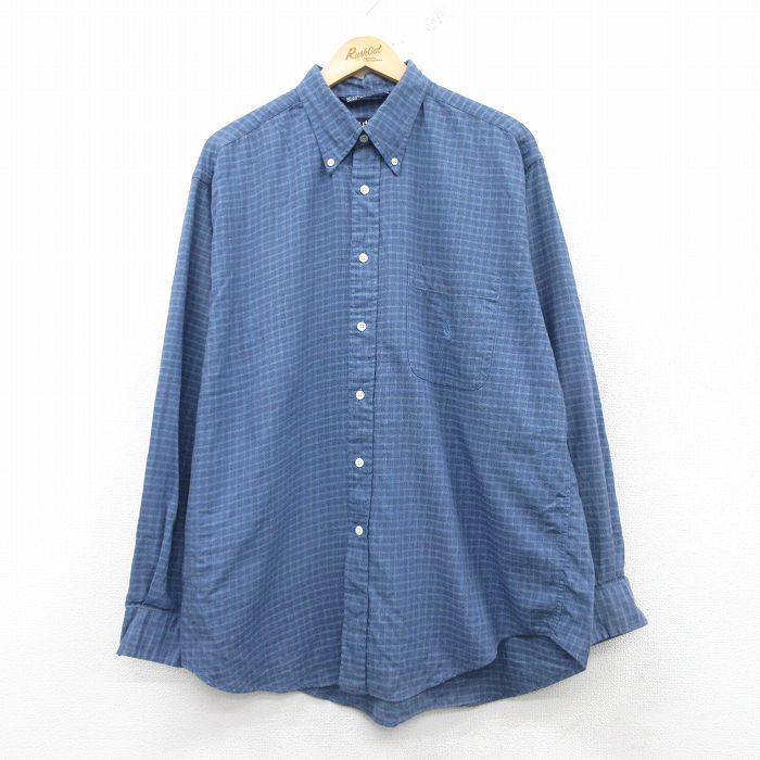 【50%OFF】XL★古着 ノーティカ NAUTICA 長袖 ブランド シャツ メンズ 90年代 90s ワンポイントロゴ 大きいサイズ コットン ボタンダウン 薄紺他 ネイビー チェック 25feb20 中古 トップス
