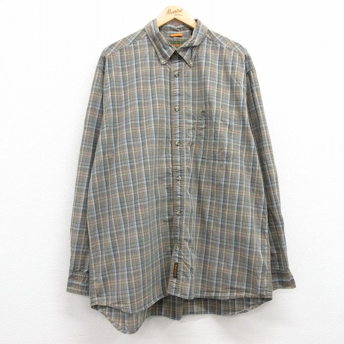 XL★古着 ティンバーランド 長袖 ブランド シャツ メンズ 00年代 00s ワンポイントロゴ 大きいサイズ ロング丈 コットン ボタンダウン 緑他 グリーン チェック 25feb20 中古 トップス