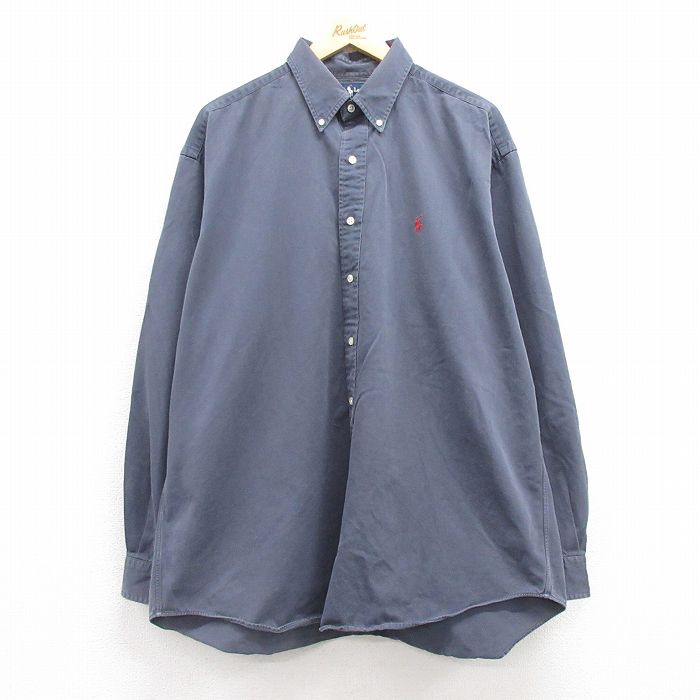 XL★古着 ラルフローレン Ralph Lauren 長袖 ブランド シャツ メンズ 90年代 90s ワンポイントロゴ BLAKE 大きいサイズ ロング丈 コットン ボタンダウン 紺 ネイビー 25feb20 中古 トップス