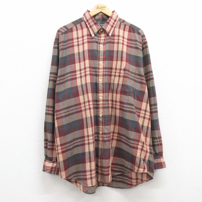 XL★古着 ラルフローレン Ralph Lauren 長袖 ブランド シャツ メンズ 90年代 90s ワンポイントロゴ BLAKE 大きいサイズ ロング丈 コットン ボタンダウン エンジ他 チェック 25feb20 中古 トップス