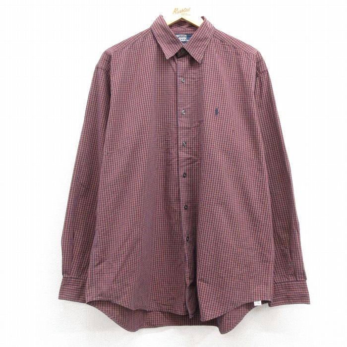XL★古着 ラルフローレン Ralph Lauren 長袖 ブランド シャツ メンズ 90年代 90s ワンポイントロゴ MARLOWE 大きいサイズ コットン 紺他 ネイビー チェック 25feb20 中古 トップス