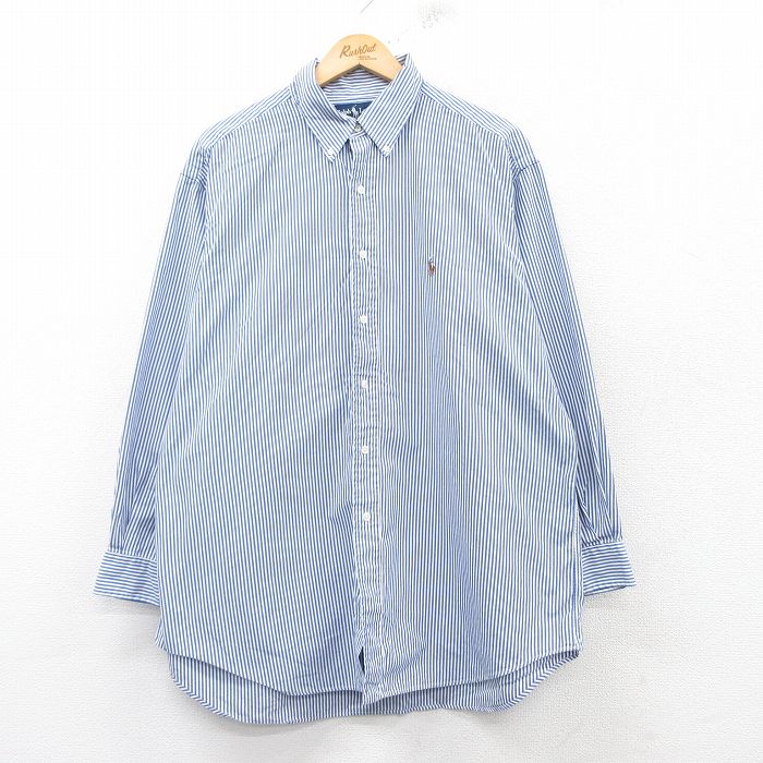 XL★古着 ラルフローレン Ralph Lauren 長袖 ブランド シャツ メンズ 90年代 90s ワンポイントロゴ YARMOUTH オックスフォード 大きいサイズ ロング丈 コットン ボタンダウン 紺他 ネイビー ストライプ 【spe】 25feb20 中古 トップス