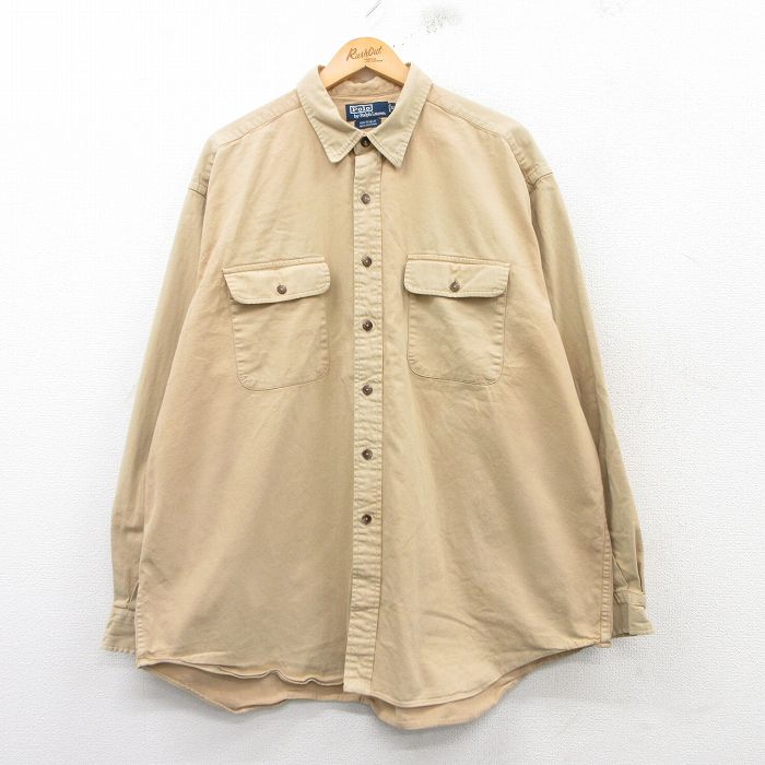 XL★古着 ラルフローレン Ralph Lauren 長袖 ブランド シャツ メンズ 90年代 90s WHITFIELD 大きいサイズ ロング丈 コットン ベージュ カーキ 25feb20 中古 トップス