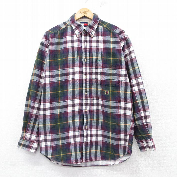 L★古着 トミーヒルフィガー TOMMY HILFIGER 長袖 ブランド シャツ メンズ 90年代 90s ワンポイントロゴ コーデュロイ コットン ボタンダウン エンジ他 チェック 25feb20 中古 トップス
