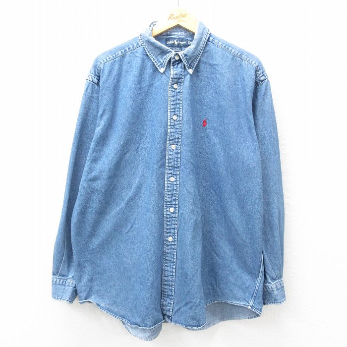 XL★古着 ラルフローレン Ralph Lauren 長袖 ブランド シャツ メンズ 90年代 90s ワンポイントロゴ BLAIRE 大きいサイズ コットン ボタンダウン 紺 ネイビー デニム 25feb22 中古 トップス