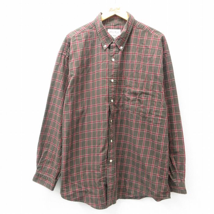 【50%OFF】XL★古着 エディーバウアー 長袖 ブランド シャツ メンズ 00年代 00s 大きいサイズ ロング丈 コットン ボタンダウン 濃緑他 グリーン チェック 25feb22 中古 トップス