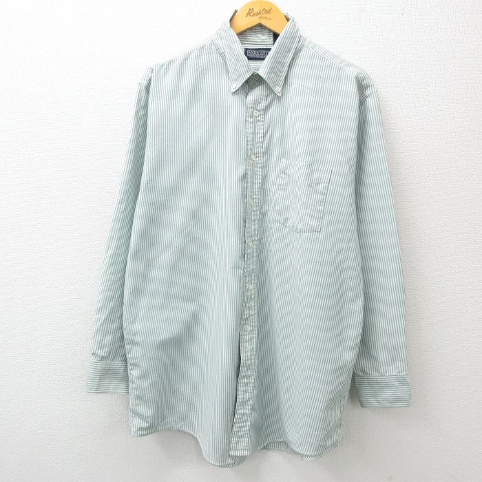 XL★古着 ランズエンド 長袖 ブランド シャツ メンズ 90年代 90s オックスフォード 大きいサイズ ボタンダウン USA製 緑他 グリーン ストライプ 25feb22 中古 トップス