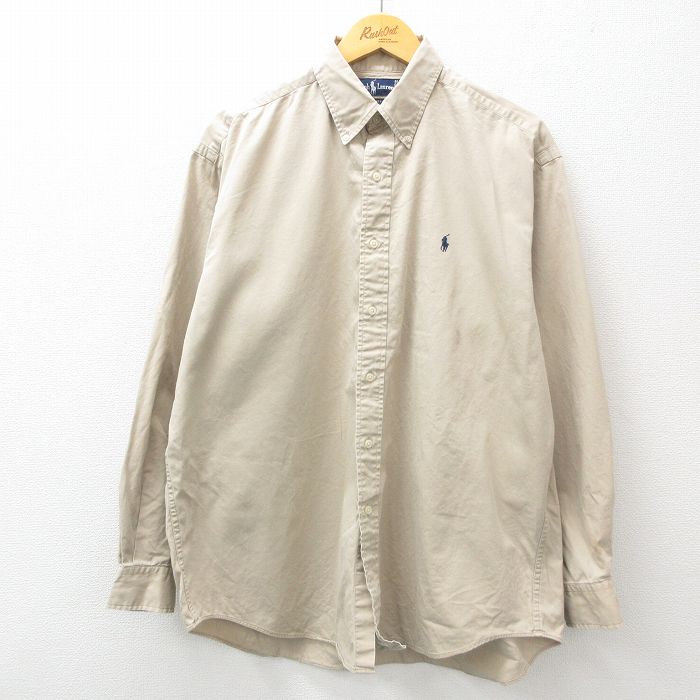 XL★古着 ラルフローレン Ralph Lauren 長袖 ブランド シャツ メンズ 90年代 90s ワンポイントロゴ 大きいサイズ コットン ボタンダウン ベージュ カーキ 25feb22 中古 トップス