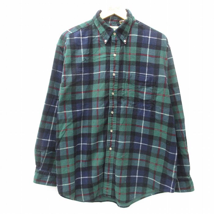 【50%OFF】XL★古着 エルエルビーン LLBEAN 長袖 ブランド シャツ メンズ 80年代 80s コーデュロイ 大きいサイズ コットン ボタンダウン 緑他 グリーン チェック 【spe】 25feb22 中古 トップス