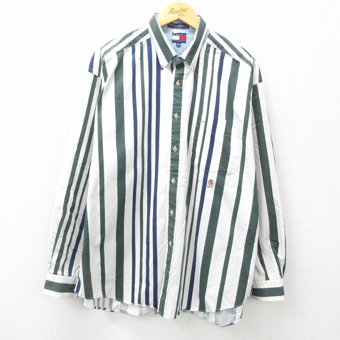 XL★古着 トミーヒルフィガー TOMMY HILFIGER 長袖 ブランド シャツ メンズ 90年代 90s ワンポイントロゴ 大きいサイズ コットン ボタンダウン 白他 ホワイト ストライプ 25feb22 中古 トップス