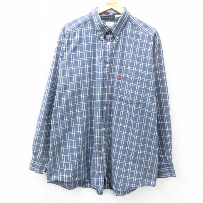 XL★古着 リーバイス Levis 長袖 ブランド シャツ メンズ 大きいサイズ ロング丈 コットン ボタンダウン 紺他 ネイビー チェック 25feb22 中古 トップス